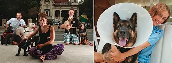 Fernandez (à dir.) e seus voluntários: novos tutores para 2 200 animais em seis anos. A atriz Betty Gofman (à esq.) com um dos cães que recolheu: a cadelinha na poça de lama partiu seu coração (Fotos Manoel Marques e Ernani d’Almeida)