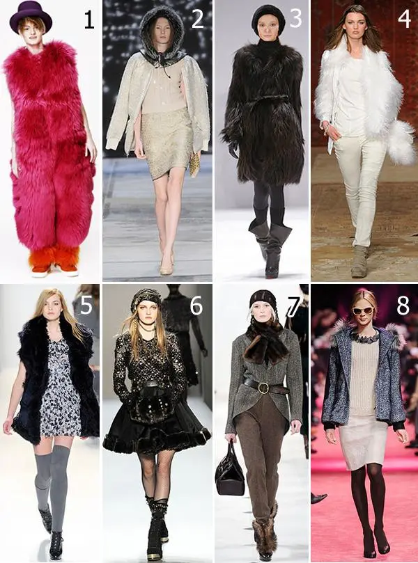 Inverno 2010 de: (1) Louise Gray; (2) Isaac Mizrahi; (3) J. Mendel; (4)Erin Wasson x RVCA; (5) Cynthia Steffe; (6) Alexandre Herchcovitch; (7) Ralph Lauren; (8) Jason Wu