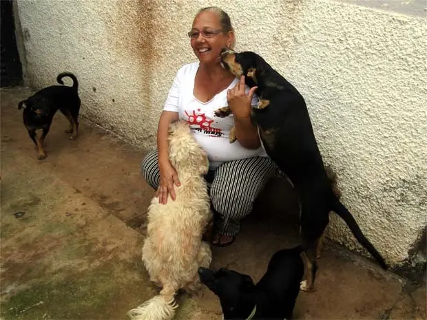 Valéria é cercada por alguns dos 17 cães resgatados em Ribeirão (Foto: Eduardo Guidini/ G1)