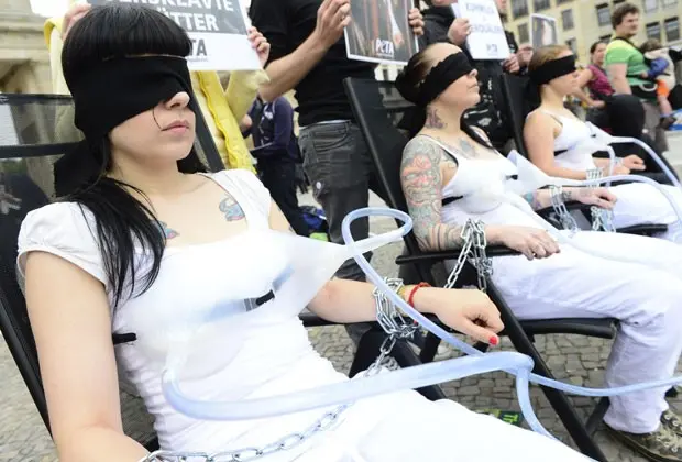 Ativistas do Peta posam com funis de sucção nos seios em Berlim nesta terça-feira (4); protesto é contra a indústria do leite (Foto: John Macdougall/AFP)