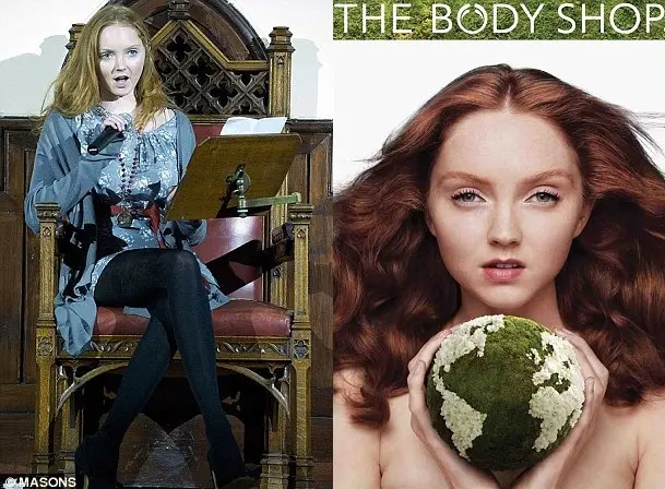 Lily Cole discursando no FACE Ethical Fashion Show em 2009 e como uma defensora da marca Body Shop no ano passado. (Foto: Daily Mail)