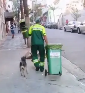 Correria e Ronaldo trabalham juntos o dia todo. Depois, o cão acompanha seu parceiro até o ponto de ônibus. (Foto: Reprodução)