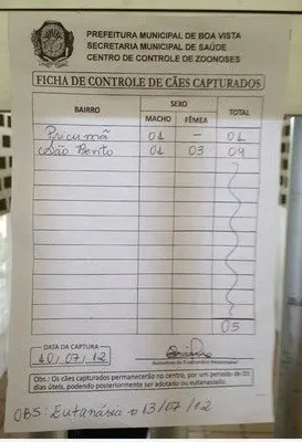 Ficha de controle de cães capturados (Foto: Arquivo Pessoal)