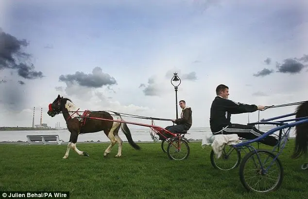 Um ‘sulky’ é um carrinho de corrida leve e de duas rodas, chamado assim por conta do confinamento solitário do piloto (sulky significa mal-humorado, em inglês). Foto de arquivo de entusiastas de ‘sulky’ apostando corrida em Dublin.