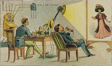 Como seria no ano 2000 um chat por vídeo, segundo a imaginação de um(a) artista da belle époque francesa. Mais fotos sobre a imaginária realidade de 2000 estão no post mencionado do blog IdeaFixa. Imagem: Reprodução