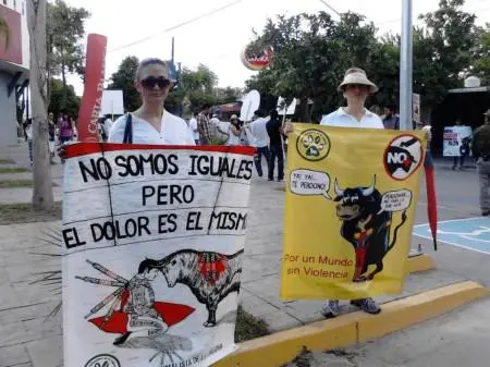 "Não somos iguais, mas a dor é a mesma": membros da Unión Animalista de La Laguna protestam do lado de fora de uma tourada. (Foto: Mari Robles) 