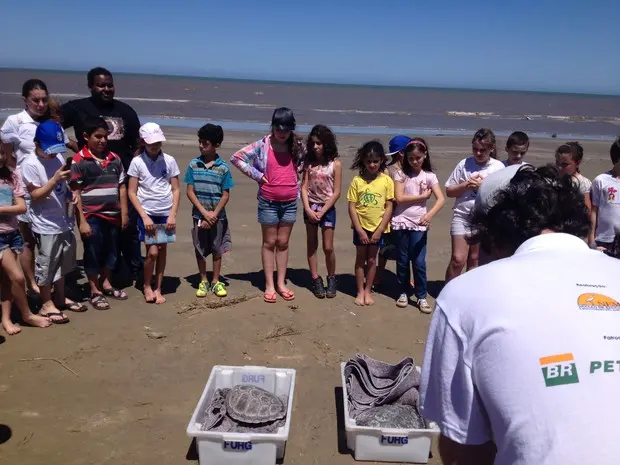 Estudantes participaram de soltura de tartarugas na Praia do Cassino, RS (Foto: Nathalia King/RBS TV)