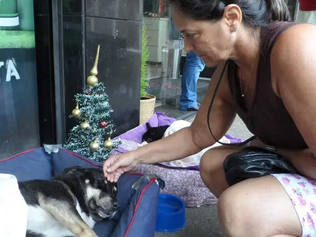 Mané recebe o carinho de Mariangela, que apoia a atitude das comerciárias. (Foto: Fernanda Soares/G1)