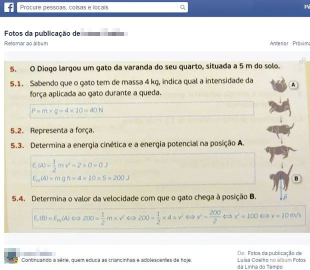 Exercício de física usa exemplo garoto que joga gato da varanda; editora diz que vai mudar livro