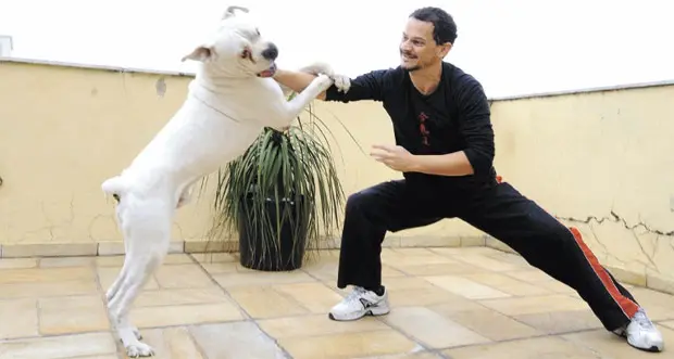 Rômulo Lagares, professor de aikido e seu boxer Kibu. Foto: Jair Amaral/EM/D.A Press