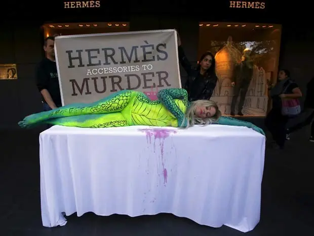 Modelo australiana Rochelle Relf protesta nesta terça-feira (11) contra o uso de pele de crocodilo em bolsas em frente à loja Hermes em Sydney (Foto: REUTERS/David Gray)