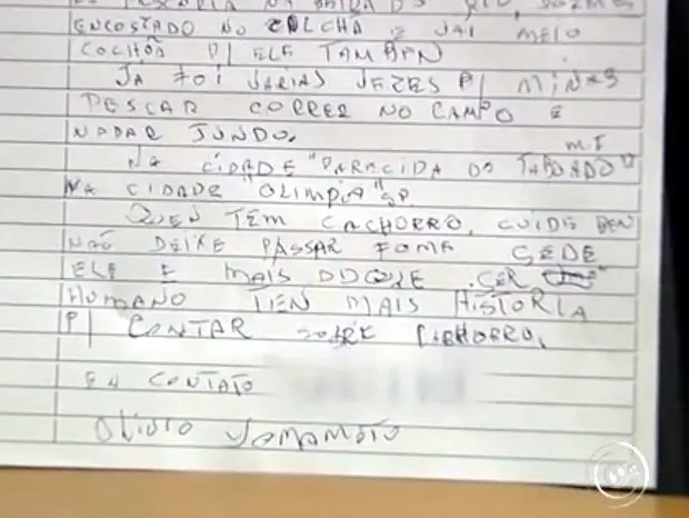 Paciente pede em carta para cuidarem do cão (Foto: Reprodução/TV TEM)