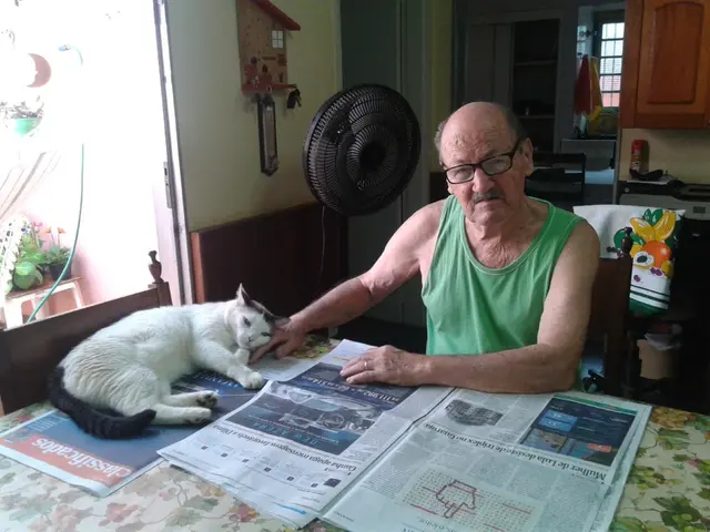 Eurípedes Kuhl com 0 gato Josué. Descrição: Eurípedes sentado numa mesa onde tem um jornal estendido. O gato Josué está deitado na mesma, ao lado do jornal e com a cabecinha repousada sobre a mão do escritor. Foto: arquivo pessoal