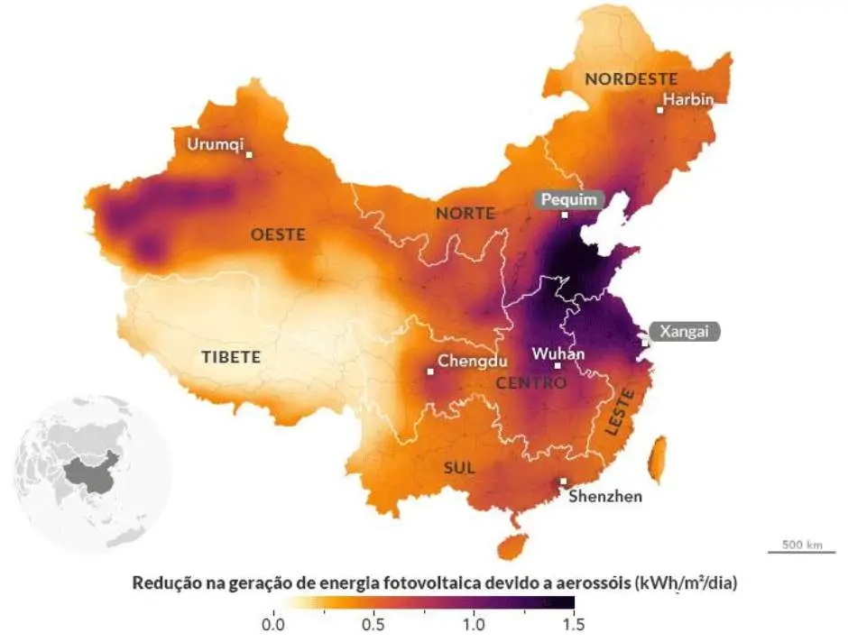 Um mapa mostra as áreas afetadas pela poluição atmosférica.