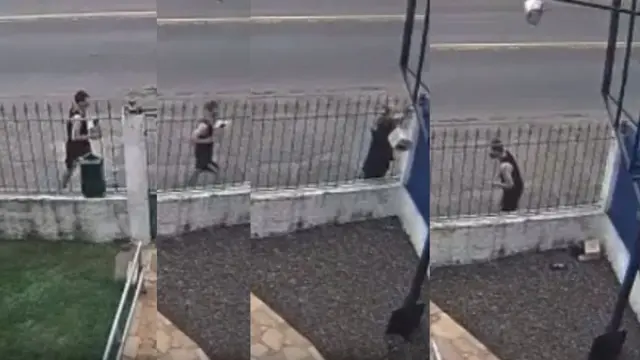 Homem joga filhotes de cachorro por cima de grade e sai correndo