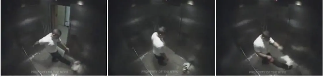 O criminoso primeiramente chuta o animal. O cão se recolhe no canto do elevador, com medo do agressor. O sádico rapaz volta então a chutar com força o cão. (Imagem: Reprodução/ Animal Concerns)