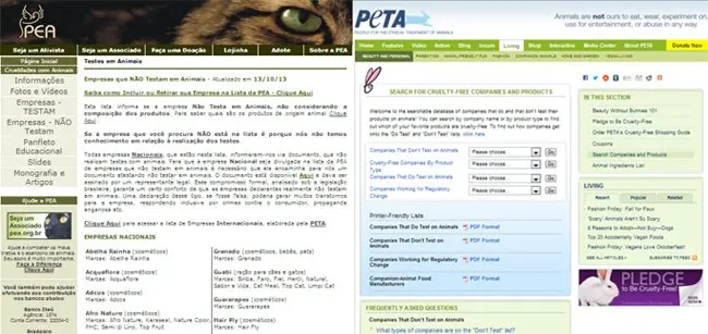 Nos sites do PEA e da PETA é possível consultar as empresas que não realizam testes em animais (Reprodução)